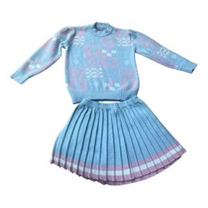 Blue and Pink Patterned Sweater and Skirt Set